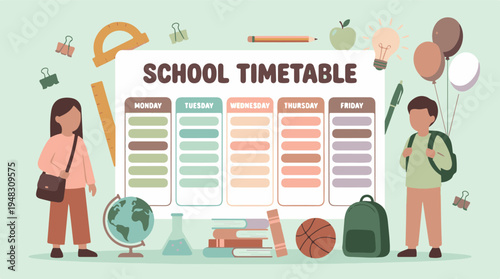 School Timetable with Students and Education Supplies Illustration