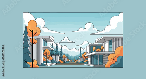 Modern homes line a street with stylized trees under a cloudy sky