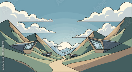 Geometric futuristic homes nestled in serene, mist-shrouded mountain valleys under a cloudy sky