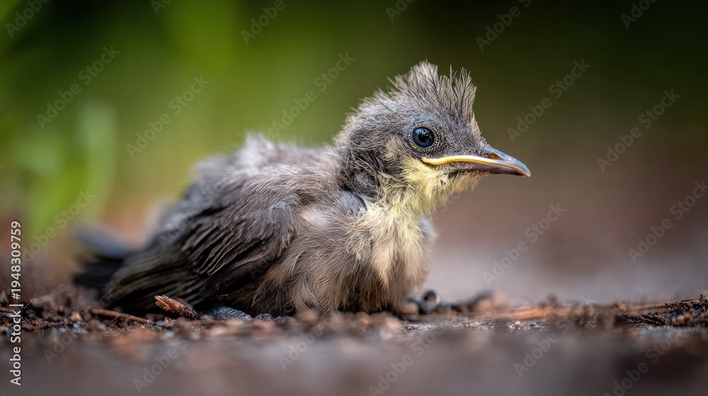 Fototapeta premium A fledgling bird with ruffled feathers on the ground near its nest. wildlife magazines, conservation campaigns, designed for eco-tourism storytelling, used by event planners.
