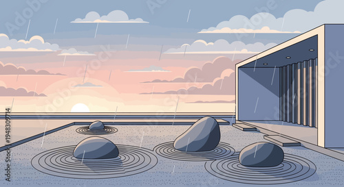 Serene modern architecture with zen garden during a gentle rain at sunset