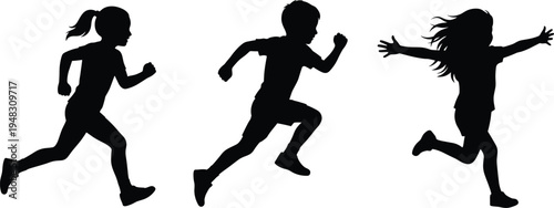 Kids running silhouettes set, boy and girl sprinting playful childhood motion active children outdoor activity vector illustration