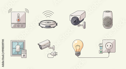 Collection of smart home devices, including cameras, sensors, and appliances