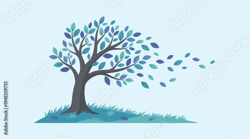 Minimalist illustration of a tree with blue leaves blowing in the wind