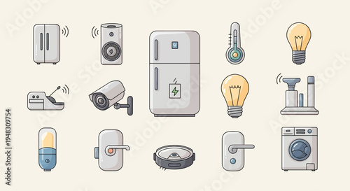 A collection of smart home devices and appliances in a clean, modern illustration style