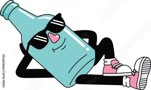 Cartoon glass bottle character wearing sunglasses and sneakers relaxing on side, fun summer drink mascot vector illustration, cool beverage icon for design