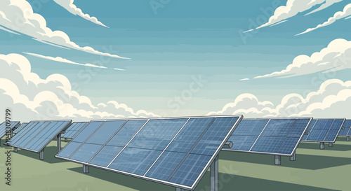 Rows of blue solar panels on green ground under a cloudy blue sky