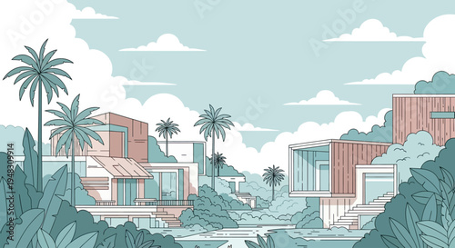 Modern tropical homes with large glass windows nestled amongst lush greenery and palm trees under a cloudy sky