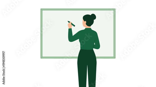 Female teacher or presenter writing on a whiteboard with a marker