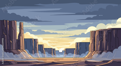 Towering canyon walls frame a dusty, sunlit landscape under a cloudy sky