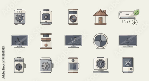 Flat illustration of various household appliances and smart home devices