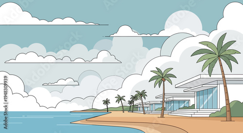 Modern beachfront homes with palm trees and a cloudy sky