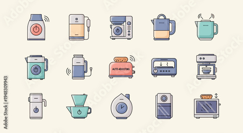 Collection of kitchen appliances, including kettles, toasters, coffee makers, and grinders