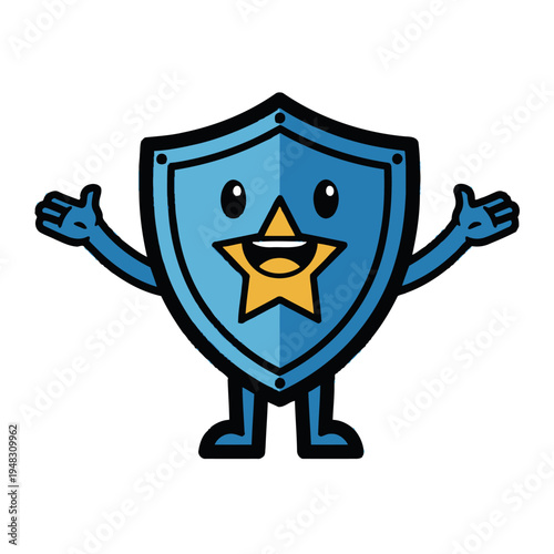 Cute Shield Character with Star and Open Arms.