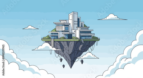 Modern architecture on a floating island amidst clouds