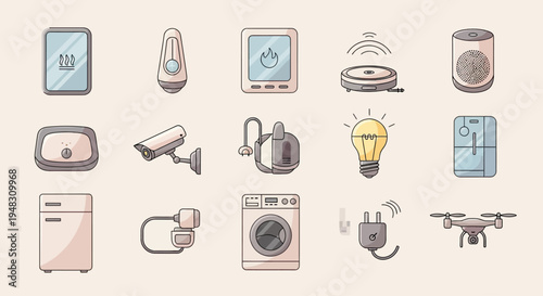 A collection of smart home devices, including appliances, security, and entertainment