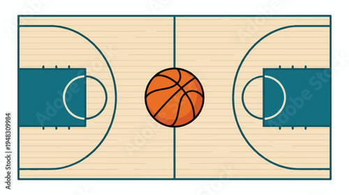 Basketball court with a ball in the middle, overhead vector illustration