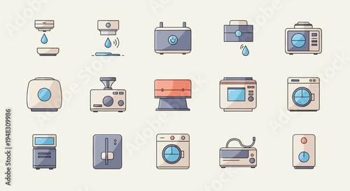 Assorted line-art appliances, including water dispensers, toasters, and washing machines