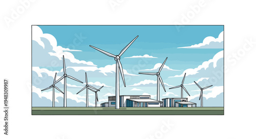 Wind turbines operate beside modern buildings under a cloudy sky