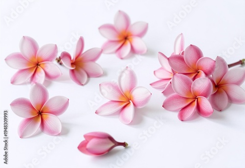 Delicate pink plumeria blooms with soft white and orange centers scatter elegantly on a pristine white background.