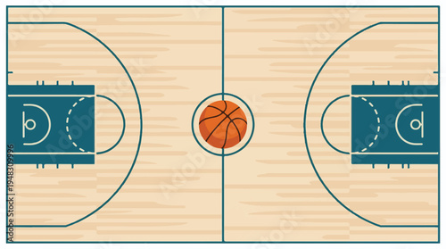 Basketball court with ball from above on a wooden floor, top view illustration