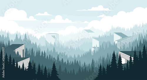 Modern homes nestled amidst a misty, evergreen forest under a sky of fluffy clouds