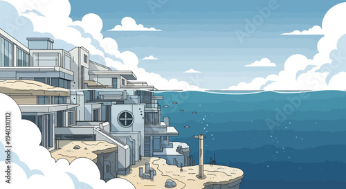 Modern structures on cliff edge overlooking ocean, partially submerged