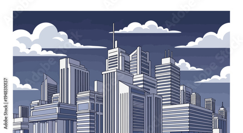 Tall, modern skyscrapers reach into a cloudy, dark blue twilight sky