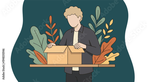 Man Unboxing Cardboard Box with Nature-Inspired Background Illustration