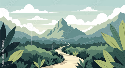 A winding path leads through lush greenery towards a majestic mountain peak