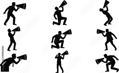 Man shouting with megaphone silhouettes vector set business announcement protest speech marketing promotion communication people illustration