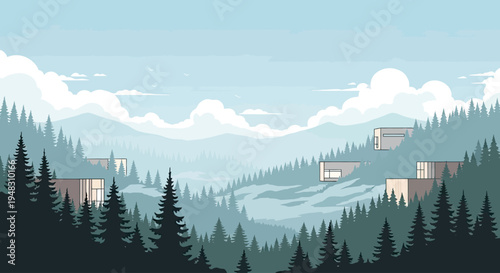 Modern geometric cabins nestled in a misty, mountainous pine forest