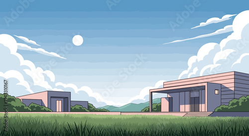 Modern buildings amidst lush greenery under a vast, cloudy blue sky