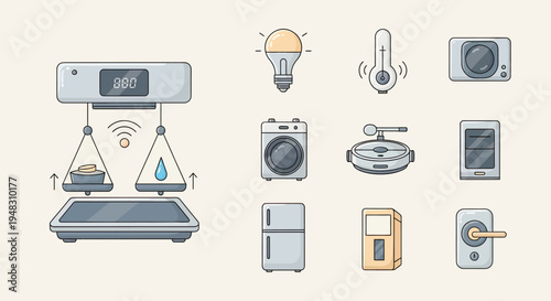 A flat design of smart home devices, including a scale, light, thermometer, and appliances
