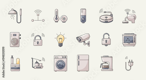 Icons of various smart home devices and appliances, including security and kitchen items