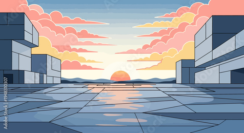 Geometric city buildings flank a serene sunset over distant hills