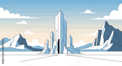 A stylized, minimalist landscape featuring sharp, crystalline structures against a pale sky