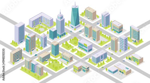 Isometric city landscape illustration with modern buildings and infrastructure