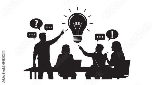 Black Silhouette of Business Team Brainstorming with Light Bulb and Speech Bubbles, Group Meeting Innovation and Idea Concept, Flat Vector Illustration Isolated on White Background