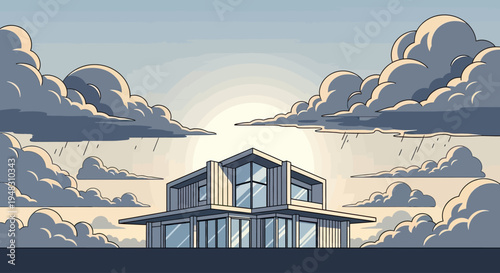 Modern house framed by dramatic storm clouds at sunset