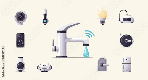 A collection of smart home devices including a faucet, camera, bulb, and appliances