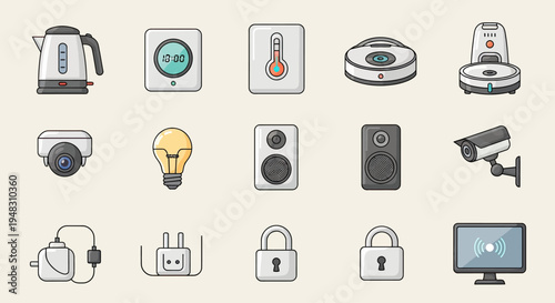 Collection of smart home devices including appliances, security, and entertainment icons