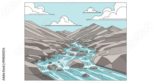 Serene rocky gorge with a flowing river and distant clouds