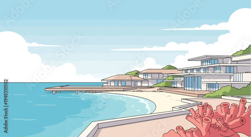 Modern multi-level villas overlook a secluded sandy cove and tranquil blue ocean