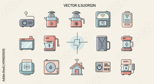 A collection of stylized vector icons depicting various electrical appliances