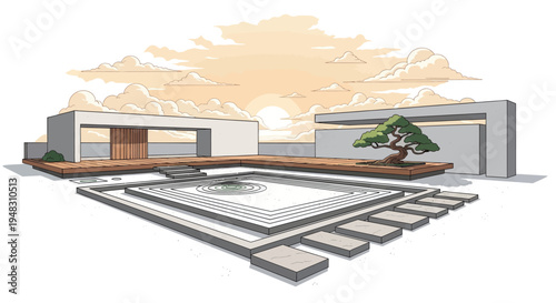 Minimalist courtyard with geometric pool, deck, and serene bonsai tree