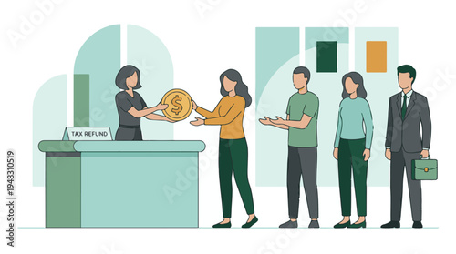 People lining up to receive tax refund money at a service counter