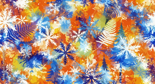 Vibrant snowflake pattern with orange, blue, and white hues