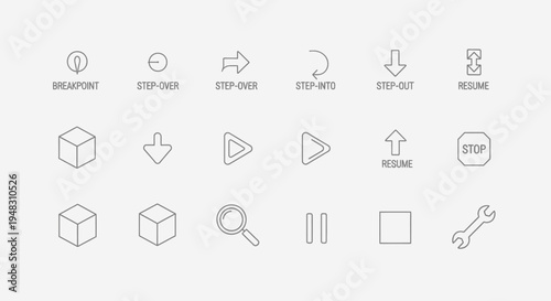 A collection of schematic line art icons representing various programming and media controls