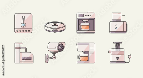Minimalist icons of household appliances and electronics on a light background